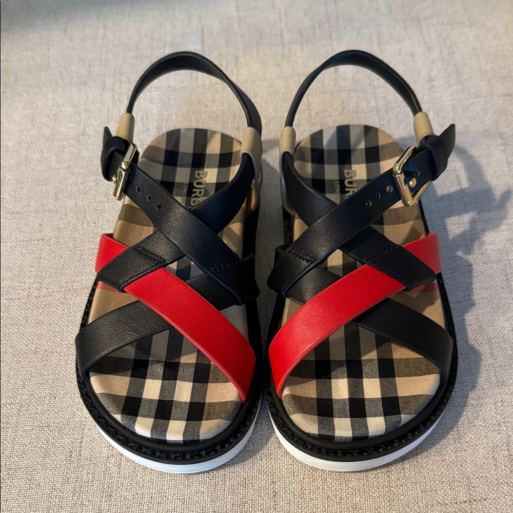 Burberry Kids Black and Red Check Sandals
